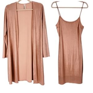 Kimcine‎ Curve Rose Gold Metallic Ribbed Dress and Cardigan Set Size L Made USA